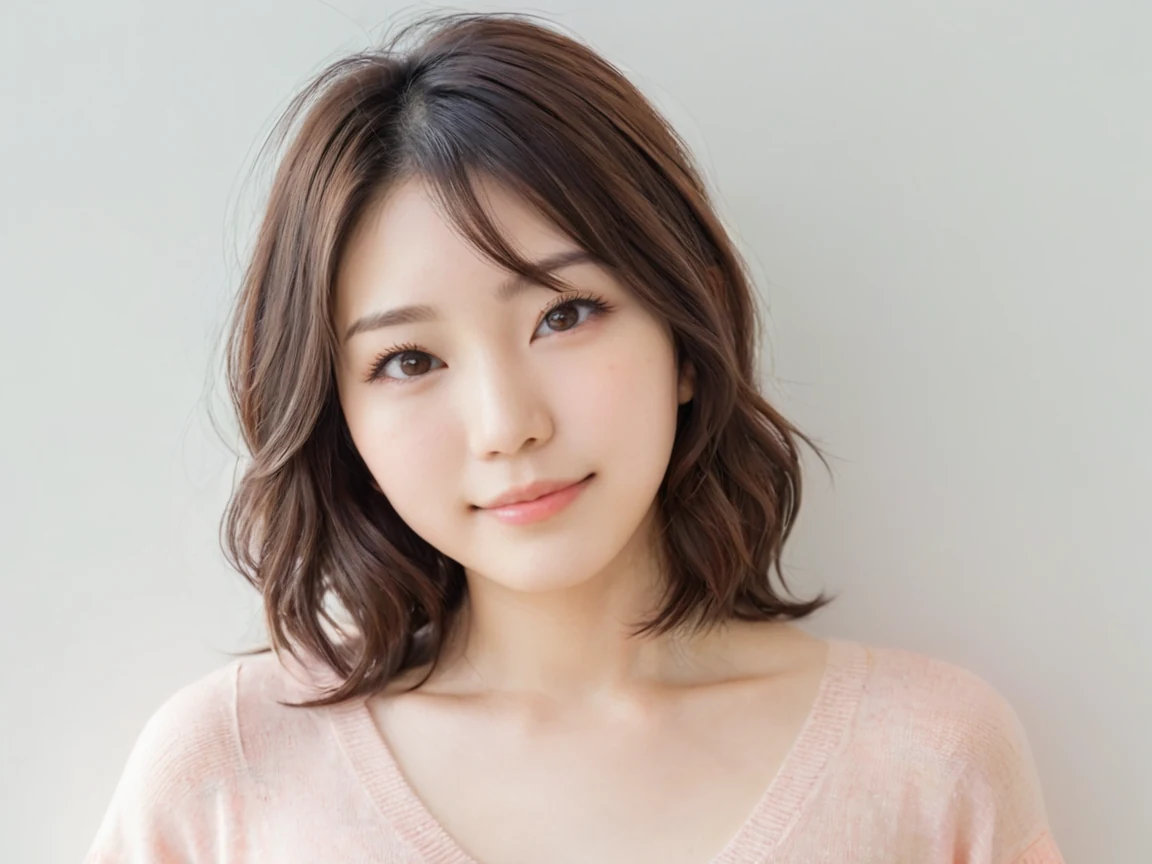白い壁の前でほほえむ女性