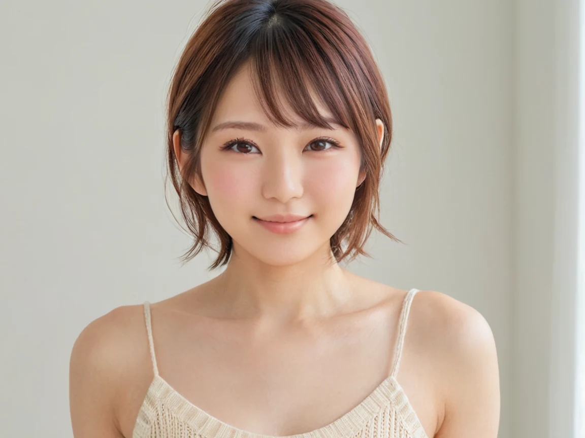 白い壁の前でほほえむショートヘアの女性