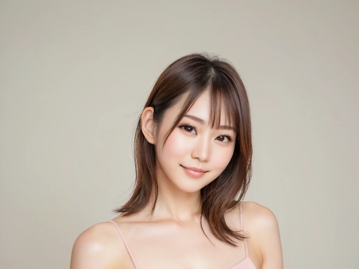 グレーの壁の前でほほえむ女性