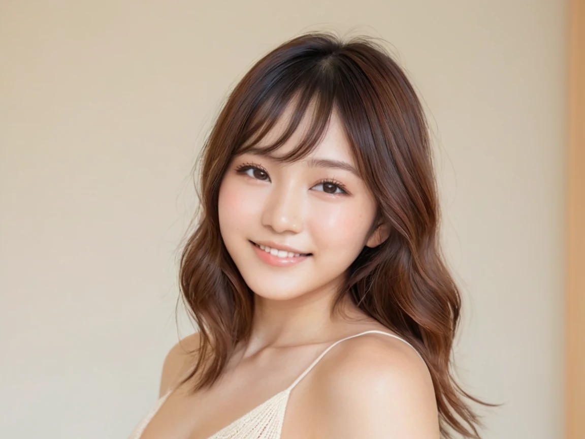ベージュの壁の前でほほえむ女性