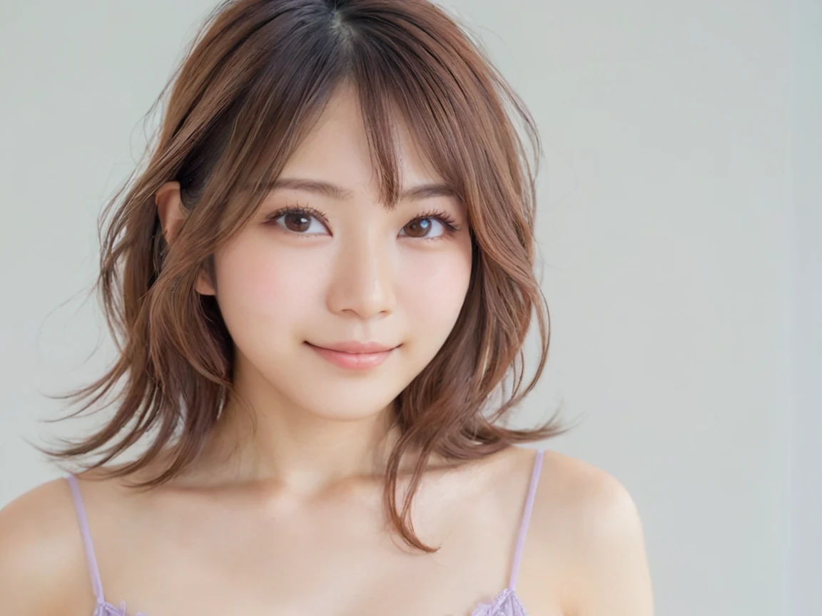 淡い灰色の壁の前でほほえむ、肩までの髪の女性