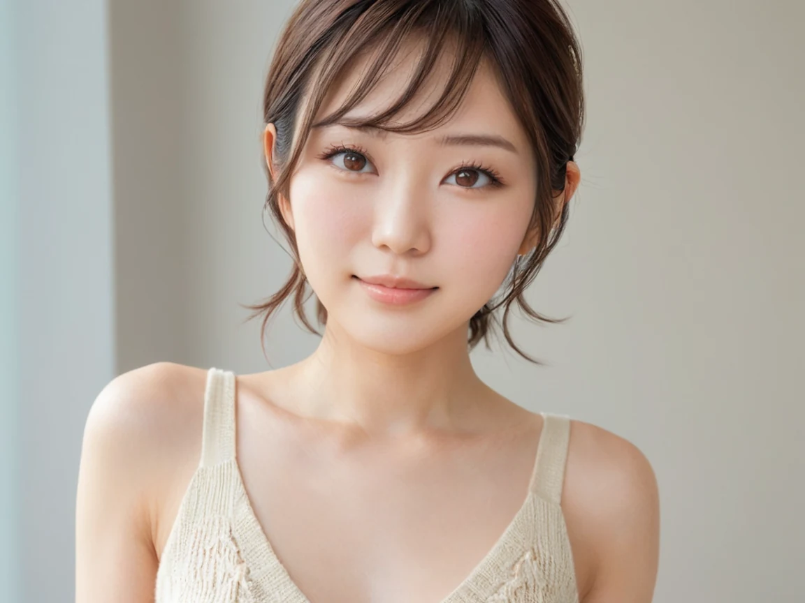 明るい部屋でほほえむ女性